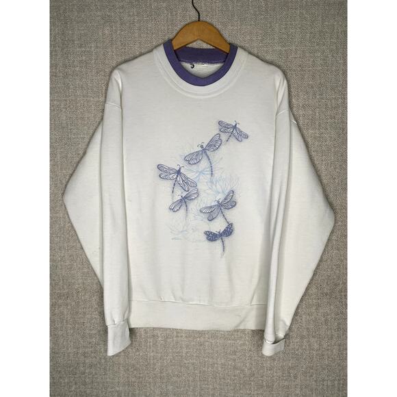 Dragonfly Sweater Vintage Womens Medium White‎ Morning Sun Graphic Crewneck - Picture 1 of 8